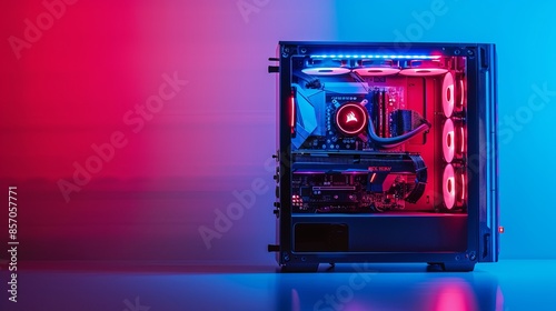 Open midi tower computer case with red and blue lighting effects on white background