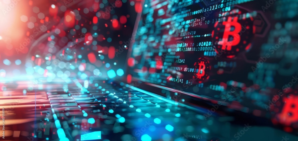 An abstract scene of a laptop and computer surrounded by digital currency symbols An abstract scene of a laptop and computer surrounded by digital currency symbols