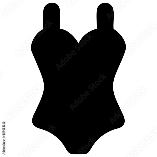 A black and white icon of a one-piece swimsuit, representing beachwear and summer activities.