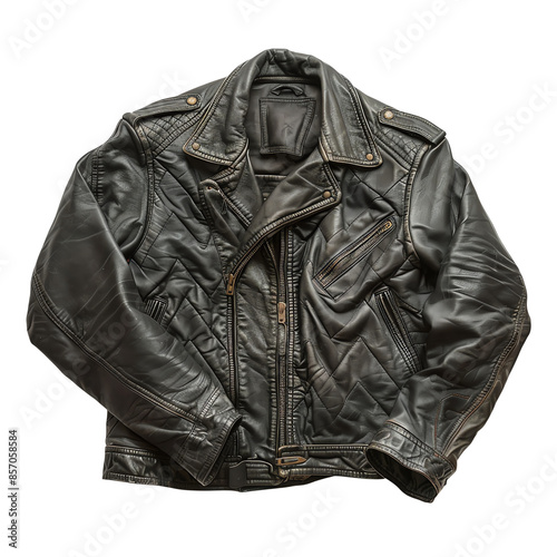 Black Leather Jacket. A classic black leather jacket with a stylish, rugged design, isolated on a transparent background.