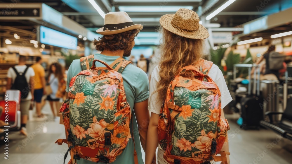 Fototapeta premium Tender Moments: Lovers' Last Goodbye at Busy Airport