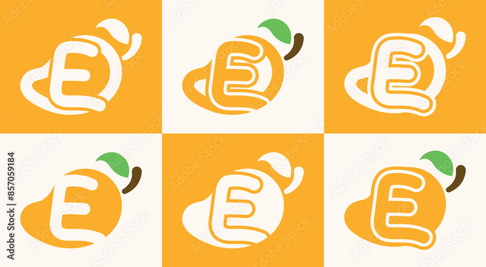 Set of letter E mango logo. This logo combines letters and a mango fruit. Perfect for fruit shops, juice store, farms, and the like.