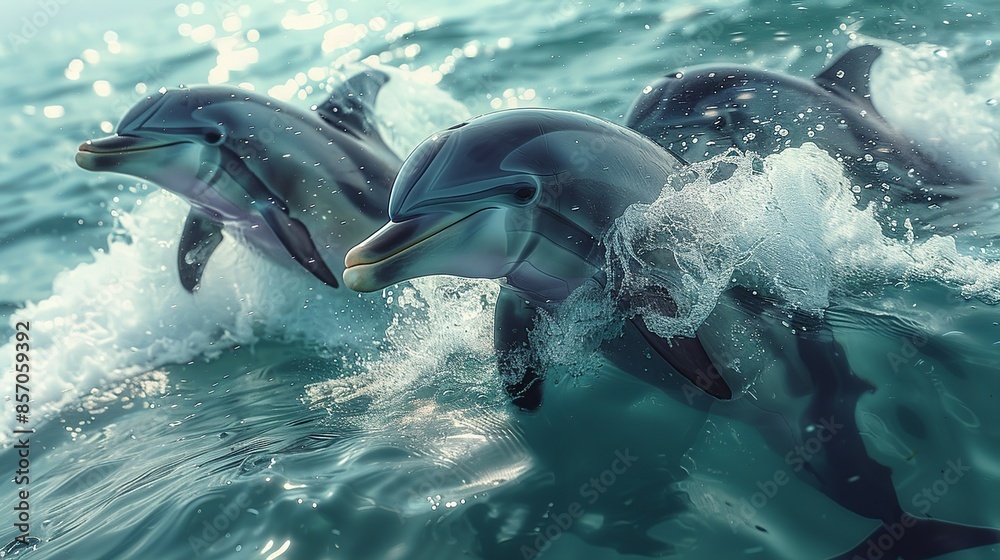 Obraz premium A family of playful dolphins frolic in the shallows, their clicks and whistles echoing through the water. Illustration, Minimalism,