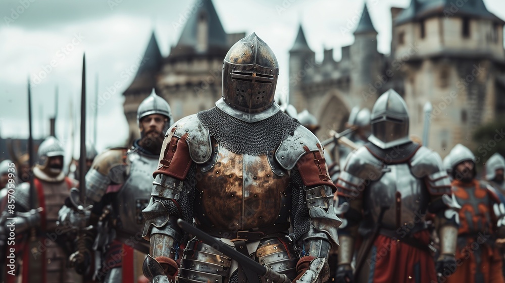 Journey into the past with this professional image capturing the French army during the Middle Ages, showcasing brave soldiers adorned in authentic medieval armor