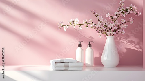 A pink wall with a white shelf holding towels and flowers, set against a soft pastel background.