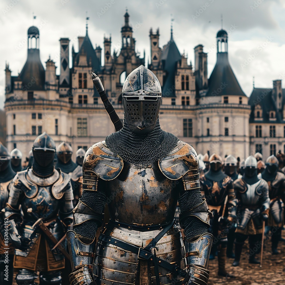 Journey into the past with this professional image capturing the French army during the Middle Ages, showcasing brave soldiers adorned in authentic medieval armor Journey into the past with this professional image capturing the French army during the Middle Ages, showcasing brave soldiers adorned in authentic medieval armor