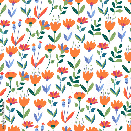 Floral seamless pattern with fantasy flowers and leaves on white. Great for fabrics, especially for linens, wrapping papers, wallpapers, covers. Vector hand drawn illustration in flat style	