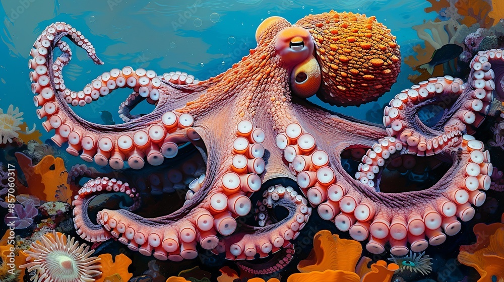 Naklejka premium A solitary octopus changes color and texture as it moves across the reef, blending seamlessly with its surroundings. Illustration, Minimalism,