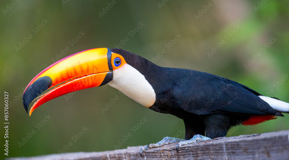 Portrait of Toco toucan (Ramphastos toco) with a big colored beak. Close-up. Brazil. Pantanal. Portrait of Toco toucan (Ramphastos toco) with a big colored beak. Close-up. Brazil. Pantanal.
