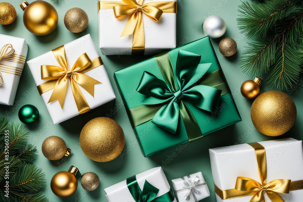 Season's greetings scene. Top-view of boxes tied with bows, Christmas decorations, balls, spruce branches, confetti on green backdrop, perfect for messages or promo Season's greetings scene. Top-view of boxes tied with bows, Christmas decorations, balls, spruce branches, confetti on green backdrop, perfect for messages or promo