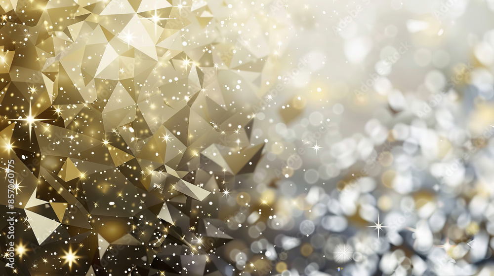 A glittering geometric background with stars and polygons in gold and silver tones. Abstract gold and silver geometric pattern with bokeh lights and stars. Glitter background for design and print. A glittering geometric background with stars and polygons in gold and silver tones. Abstract gold and silver geometric pattern with bokeh lights and stars. Glitter background for design and print.