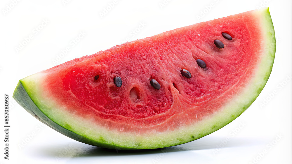 A close-up shot of a juicy, ripe watermelon slice with black seeds, set against a pristine white backdrop A close-up shot of a juicy, ripe watermelon slice with black seeds, set against a pristine white backdrop