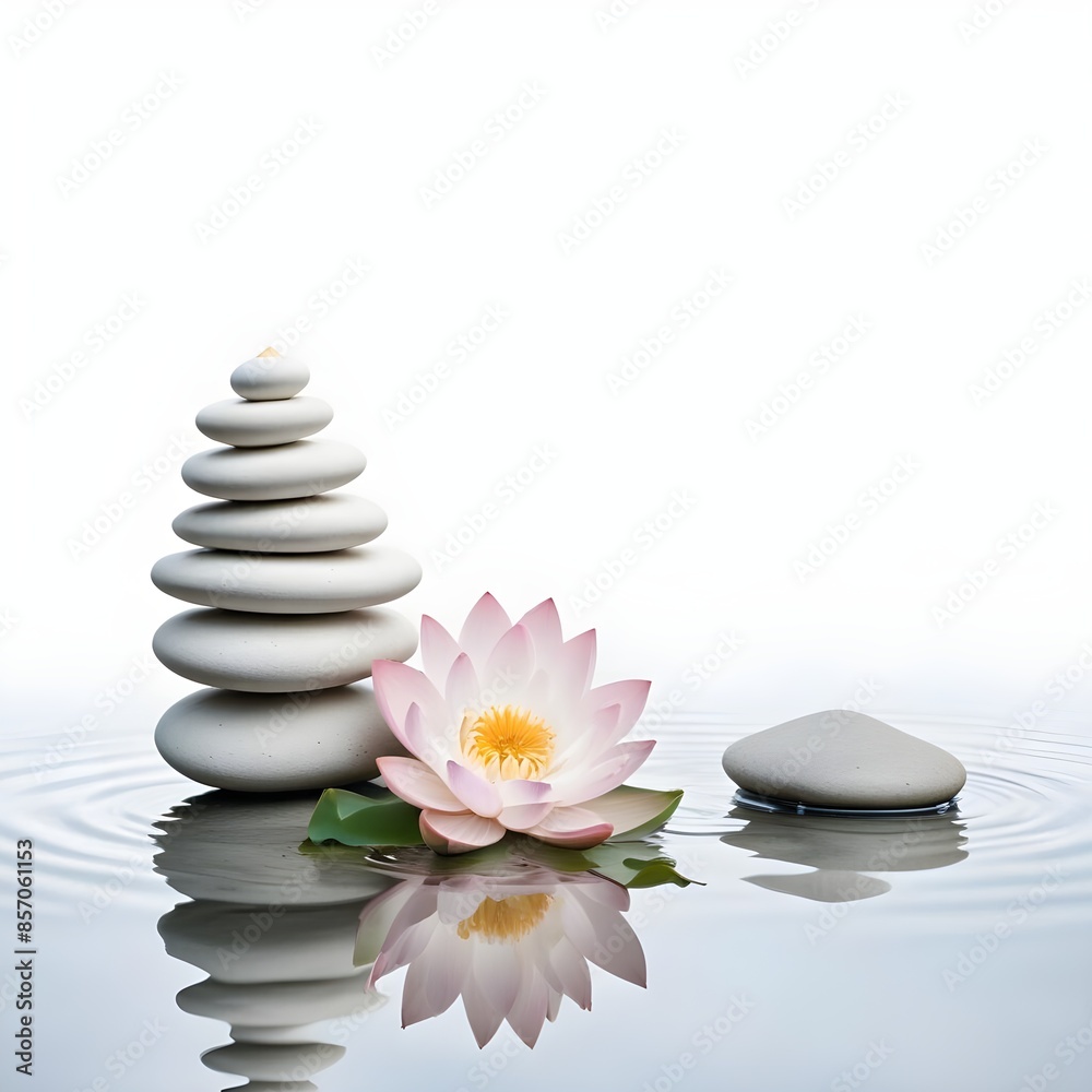 Stacked white stones with lotus flowers in water, on a white background Stacked white stones with lotus flowers in water, on a white background