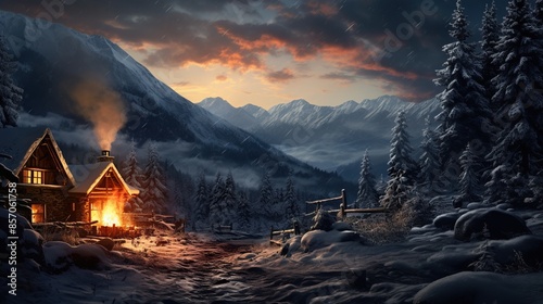 "A snowy winter landscape with a cozy cabin and smoke rising from the chimney - 