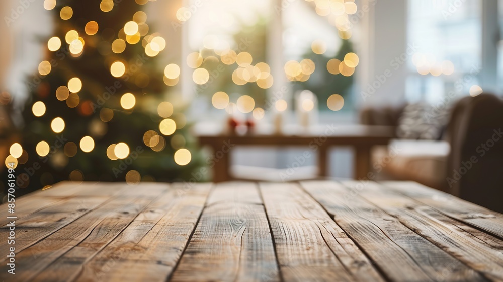 Elegant empty wooden tabletop with abstract warm living room decorated with Christmas tree lighting, blurred snowy background, holiday ambiance, ideal simulated banner for advertising products Elegant empty wooden tabletop with abstract warm living room decorated with Christmas tree lighting, blurred snowy background, holiday ambiance, ideal simulated banner for advertising products