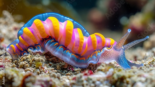 A colorful nudibranch crawls across the ocean floor, its vibrant hues a warning to predators of its toxicity. Illustration, Minimalism, photo