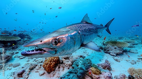 A sleek barracuda patrols the reef, its sharp teeth glinting menacingly in the sunlight. Illustration, Minimalism,