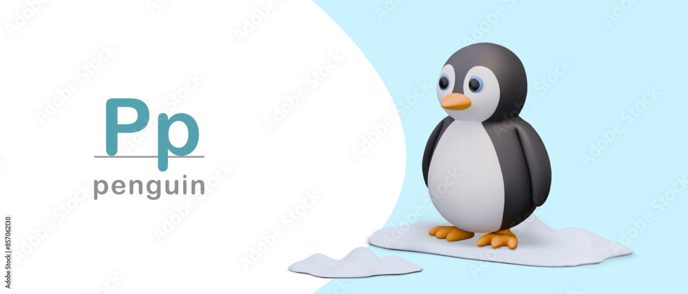 Obraz premium Vector template for learning letters and words. Funny 3D penguin on ice floe