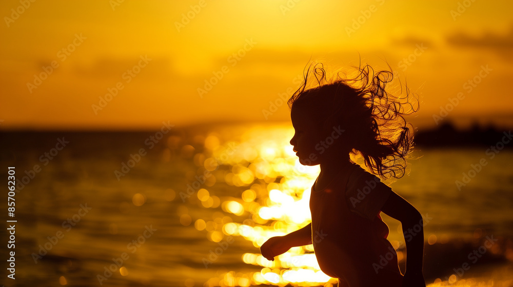 Fototapeta premium Silhouette of a child running on the beach at sunset