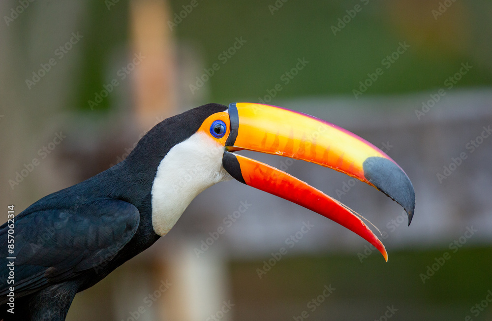 Fototapeta premium Portrait of Toco toucan (Ramphastos toco) with a big colored beak. Close-up. Brazil. Pantanal. 