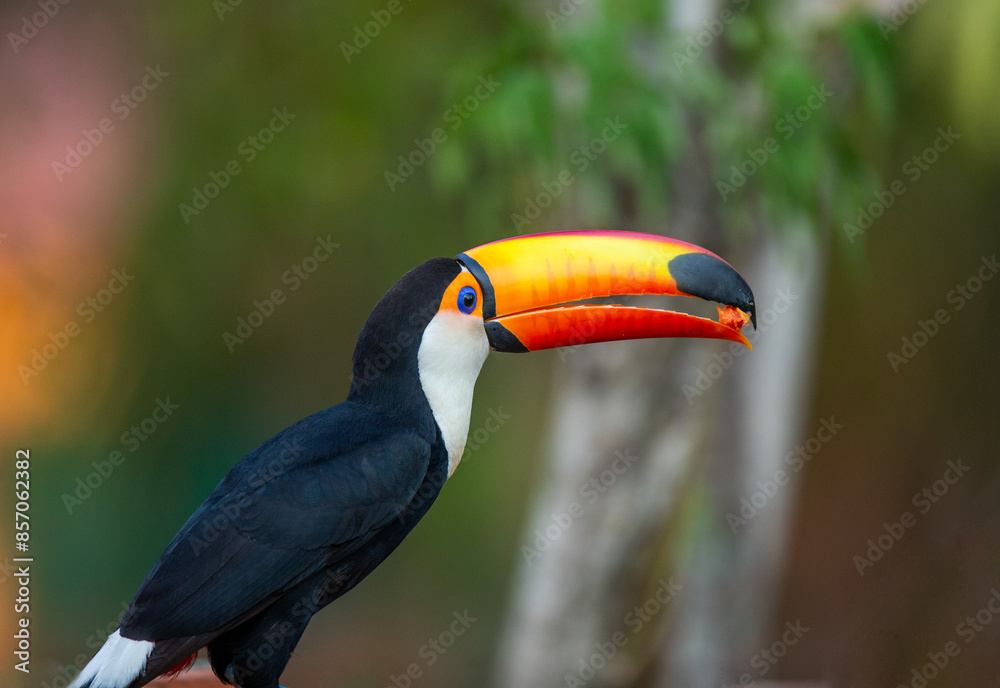 Toco toucan (Ramphastos toco) is eating fruit on a tree branch. Brazil. Pantanal. Toco toucan (Ramphastos toco) is eating fruit on a tree branch. Brazil. Pantanal.