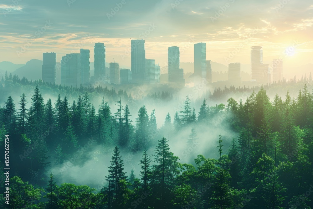 landscape of clean energy innovation, featuring renewable energy sources within a bustling cityscape