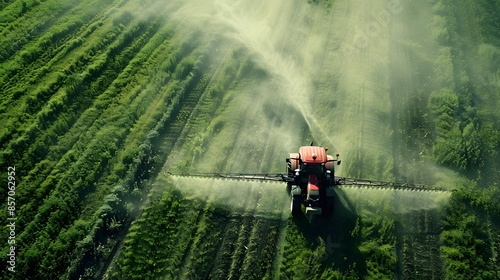 A tractor spraying crops from above, shot on arri alexa mini cinema camera with zeiss master prime lenses in the style of cinema.