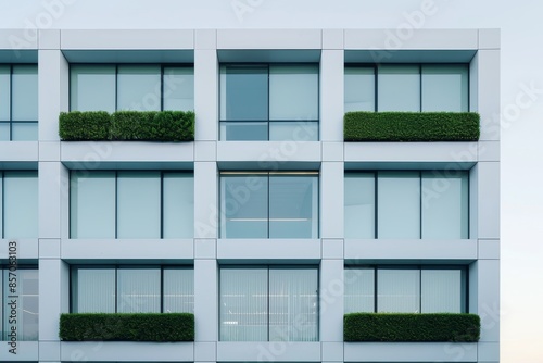 Sustainable green building. Eco-friendly building. Modern glass corporate office building with vertical garden for reducing carbon dioxide. Office with green environment. Energy-efficient building.
