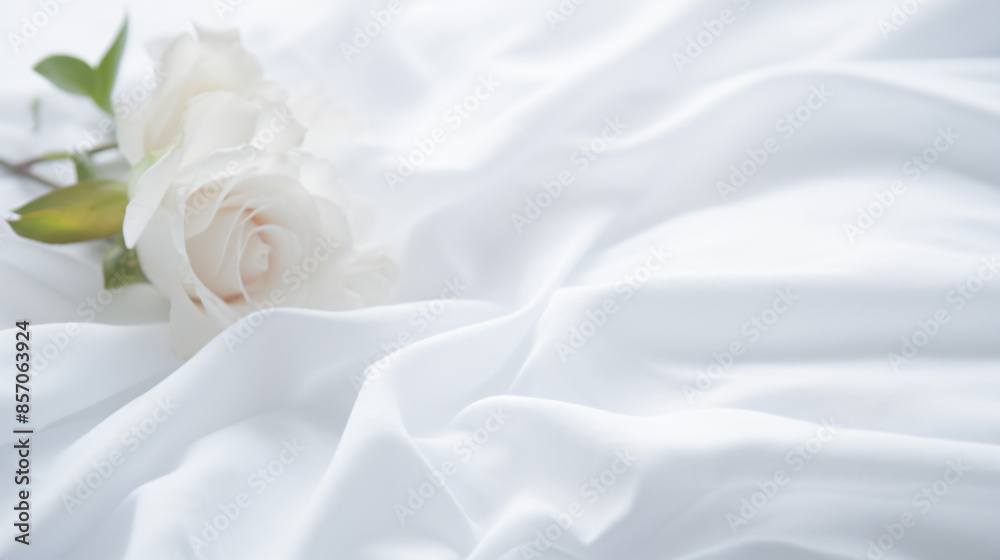 White rose on white silk.Purity, beauty and softness. White rose on white silk.Purity, beauty and softness.
