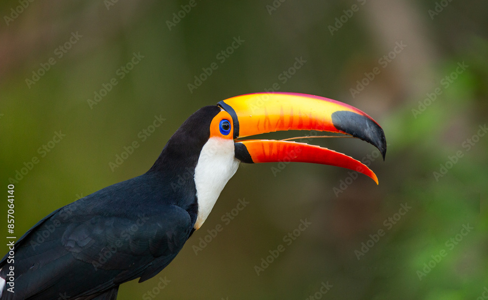 Portrait of Toco toucan (Ramphastos toco) with a big colored beak. Close-up. Brazil. Pantanal.
Portrait of Toco toucan (Ramphastos toco) with a big colored beak. Close-up. Brazil. Pantanal.