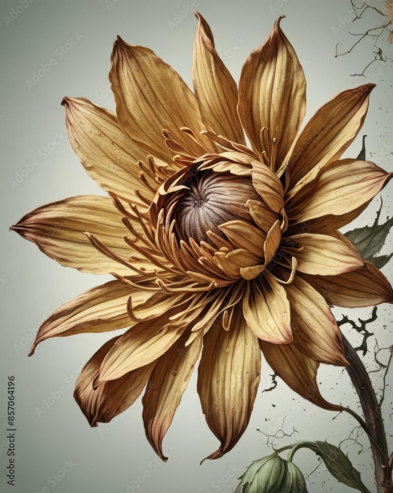 An artistic illustration of a wilted but still beautiful flower, with some petals missing or faded. The scene captures the natural elegance and fragility of life. An artistic illustration of a wilted but still beautiful flower, with some petals missing or faded. The scene captures the natural elegance and fragility of life.