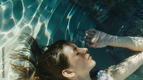 top view of young woman lying in the pool at summer day