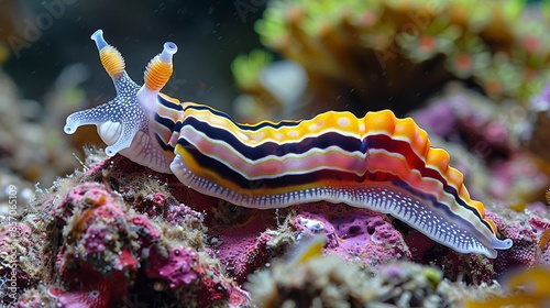 A vibrant sea slug slithers across the reef, its rainbow-colored body a dazzling display of nature's artistry. Illustration, Minimalism,