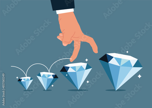 Human hand running on diamond arranged in a row. Extensive financial or economic growth. Profit from the stock market or investment. 