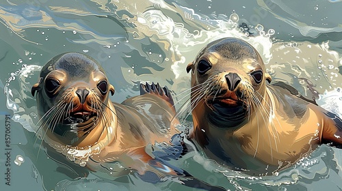 A pair of playful sea lions perform acrobatic feats underwater, twisting and turning with grace and agility. Illustration, Minimalism, photo