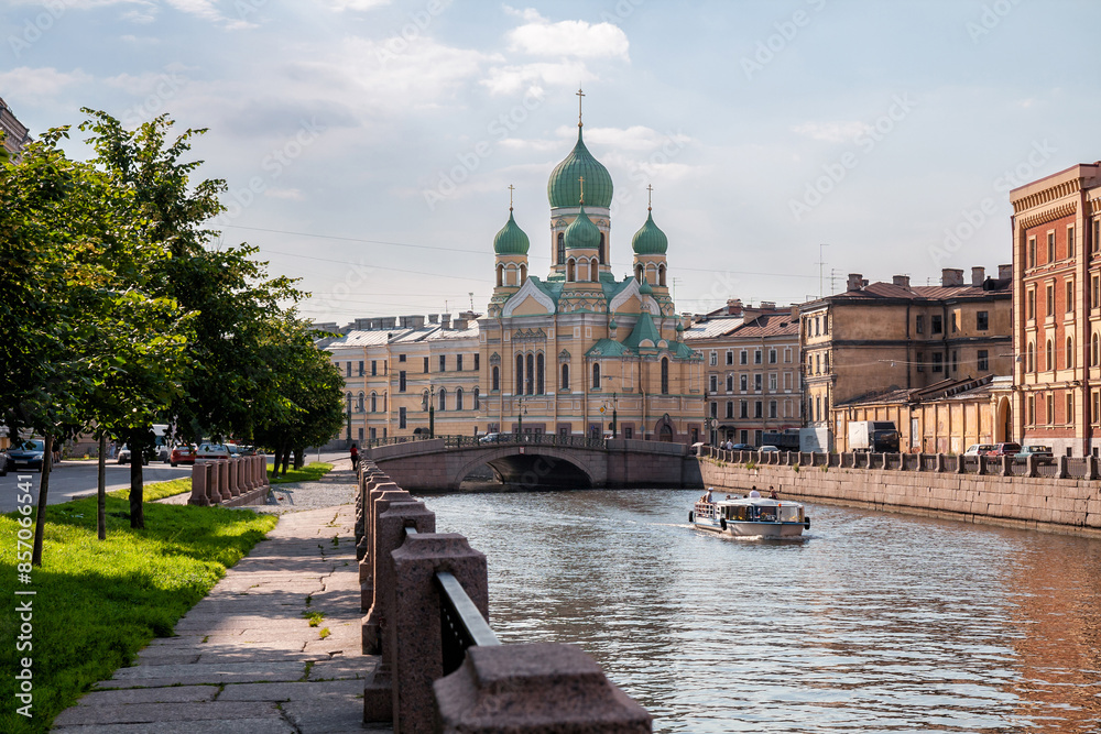 Griboyedov Canal next to the Church of St. Isidore of Yuryevsky. St. Petersburg, Russia