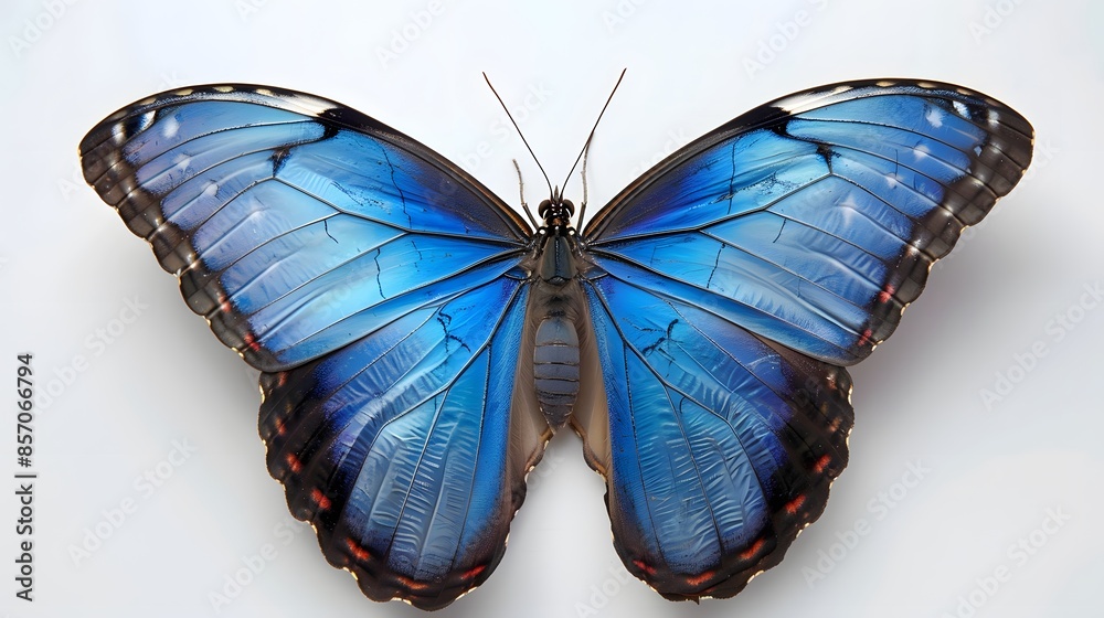 Fototapeta premium Blue morpho butterfly isolated on white background, studio shot.