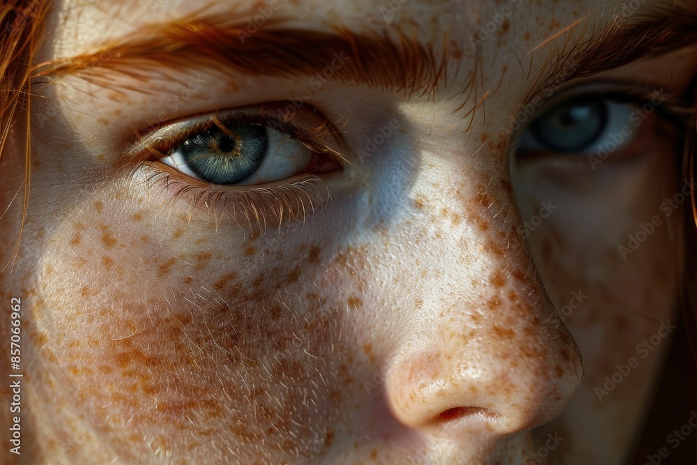 Close-Up Portrait of a Freckled Face with Blue Eyes in Natural Light Close-Up Portrait of a Freckled Face with Blue Eyes in Natural Light