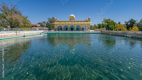 Nankana Sahib, Punjab, Pakistan - April 12, 2020: The Sarovar at Gurdwara Janamasthan Guru Nanak Dev Ji in Nankana Sahib District is a sacred pool, holding immense significance for Sikh pilgrims. photo