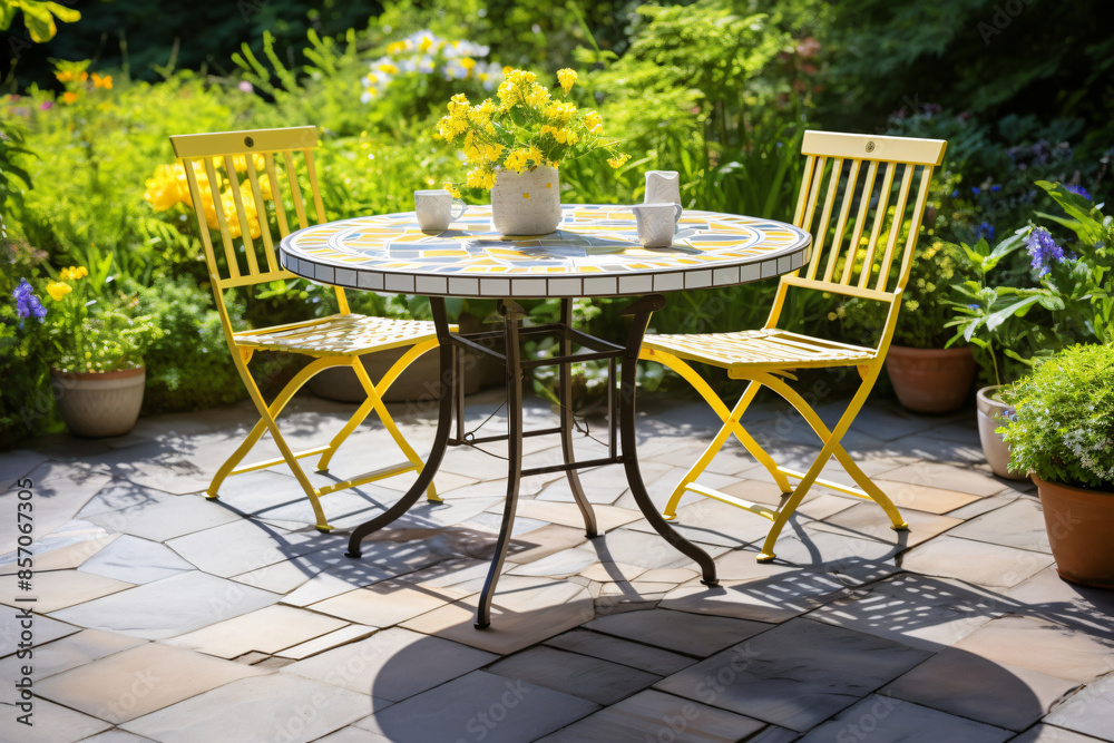 Sunny outdoor seating area with yellow chairs and a table set for two Sunny outdoor seating area with yellow chairs and a table set for two