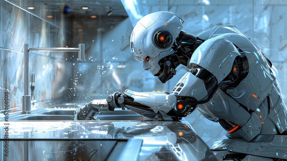Fototapeta premium A high-tech robot stands at a kitchen sink