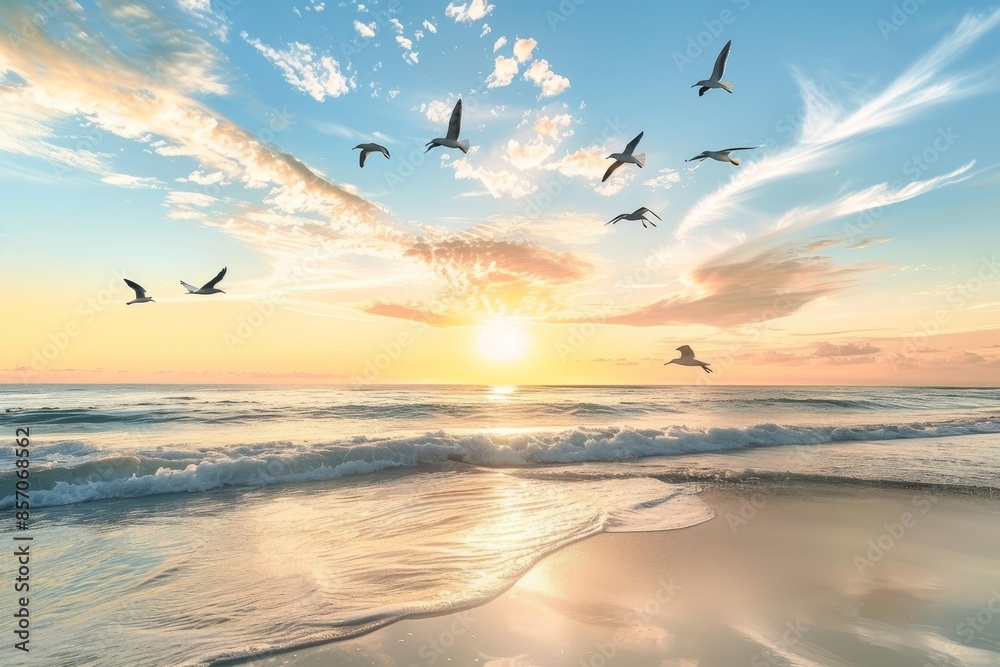 Fototapeta premium A vibrant sunrise over the ocean with seagulls flying in the sky