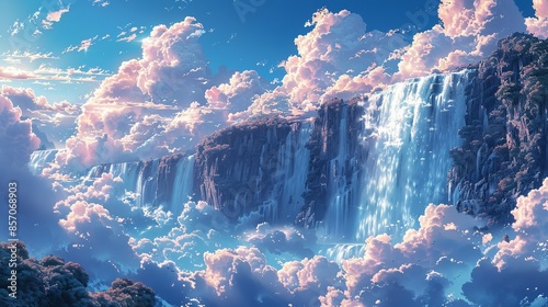 A majestic waterfall cascading from the clouds above, its crystalline waters disappearing into the depths of the dreamscape. Illustration, Minimalism,