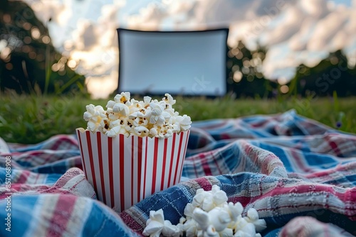 Summer Evening Film Fest: Outdoor cinema setup with a projector screen, blankets, and popcorn photo