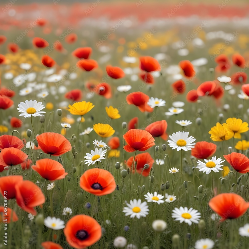 Obraz premium A meadow of colorful flowers including red poppies, white daisies, and yellow buttercup flowers background