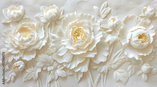 White paper carving peony flowers illustration poster background © jinzhen