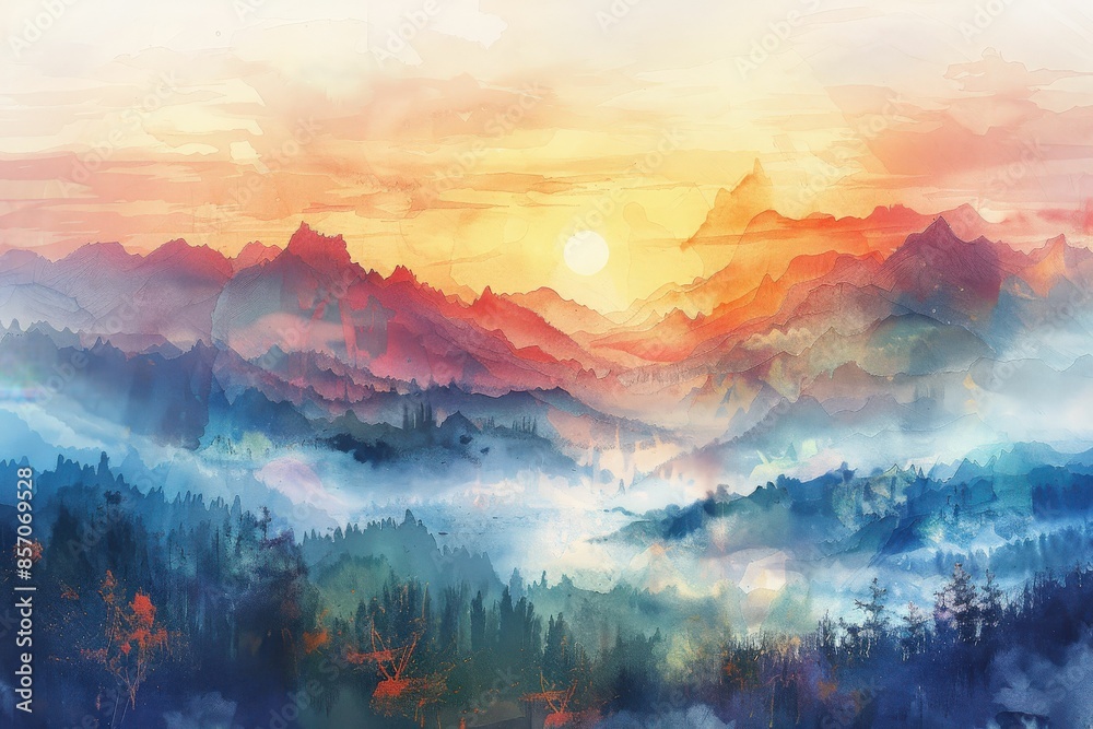 Vibrant Watercolor Landscape of Misty Mountains at Sunrise with Colorful Sky and Forest Vibrant Watercolor Landscape of Misty Mountains at Sunrise with Colorful Sky and Forest