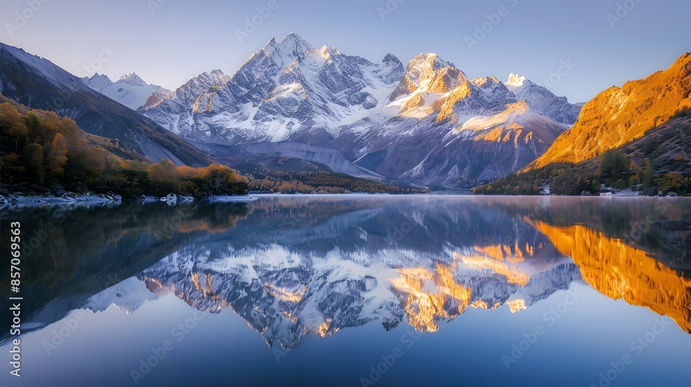 Fototapeta premium Serene Mountain Lake Reflection at Sunset with Tranquil Yoga Flow