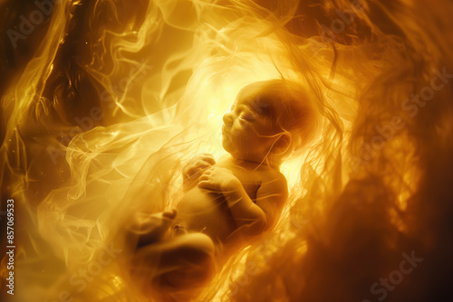 Pregnant Journey: Serene Fetus Sheltered by Glowing Amniotic Sac