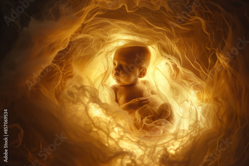 Fetal Development Visualization: Glowing Fetus Protected by Amniotic Sac